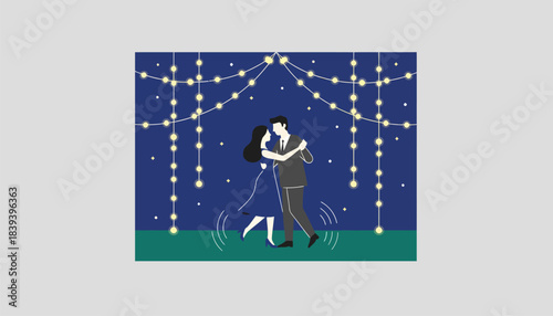 A couple dancing under the stars in their backyard surrounded by ling fairy lights and soft music playing.