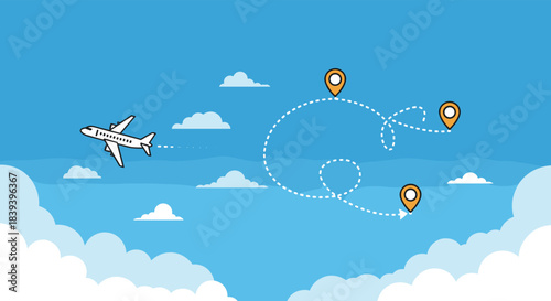 An airplane flying in the sky leaving a dotted line trail connecting multiple destination map pins for a travel route concept.