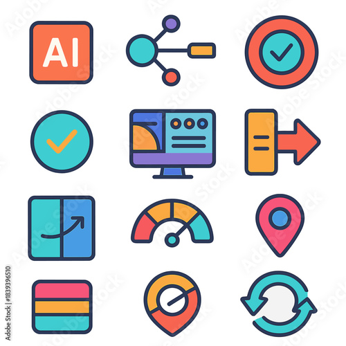 Automated Governance Icons. Automated Governance Systems flat set: AI rule tile, data flow node, model bar, regulation ring, compliance patch dot, oversight panel, policy stripe,