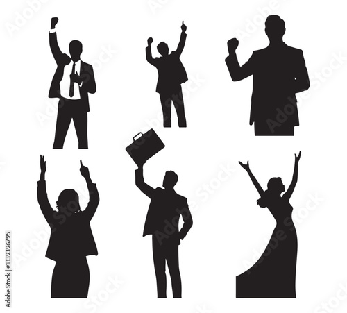 Celebration Silhouette Figures, Successful People Poses Vector Collection.