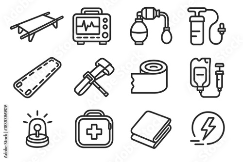 Field Medical Icons. Field Emergency Medical Gear linear set: collapsible stretcher, field monitor, rescue airway mask, emergency suction pump, splint board, tourniquet, trauma