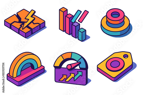 Colorful 3D Icon Collection. System disruption patterns flat isometric set: shock tile, cascade beam bar, event marker, instability gauge, resilience arc, recovery panel, stability