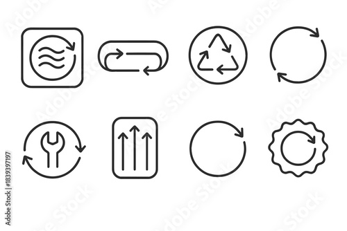 Circular Systems Icons. Circular material systems linear set: recovery loop tile, recycled stream bar, regenerative node, material pathway arc, repair module, reuse strip, cycle