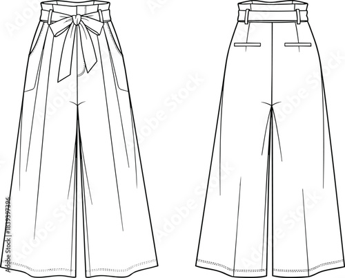 Wide-leg trouser fashion sketch, front and back technical view with bow and pleats, cad drawing flat vector illustration