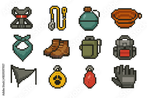 Outdoor Pet Gear Icons. Outdoor Animal Activity Set set of icons in flat pixel vector style: hiking harness, reflective leash, water canteen, collapsible dish, cooling bandana,