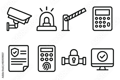 Industrial Security Icons. Industrial Protection Set linear set: facility security cam, hazard alert beacon, intrusion barrier gate, encrypted control console, safety protocol