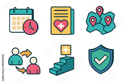 Healthcare Icons Set. Health Service Framework isometric flat set: appointment schedule, insurance form, provider network map, referral arrow, treatment step icon, coverage shield.