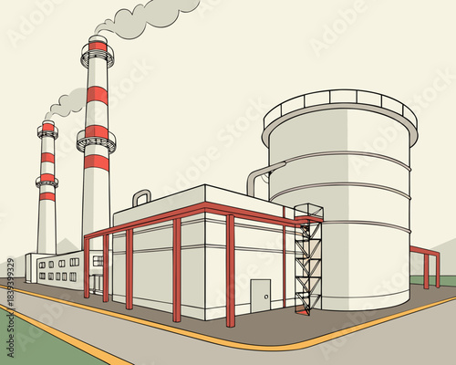 Illustration of a power plant with cooling tower and smokestacks