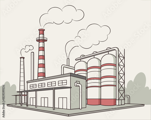 Handdrawn illustration of a chemical factory with smokestacks emitting smoke