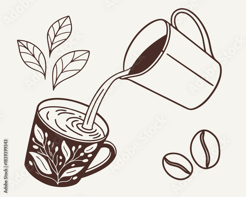Pouring coffee into a decorated mug with tea leaves and beans, white