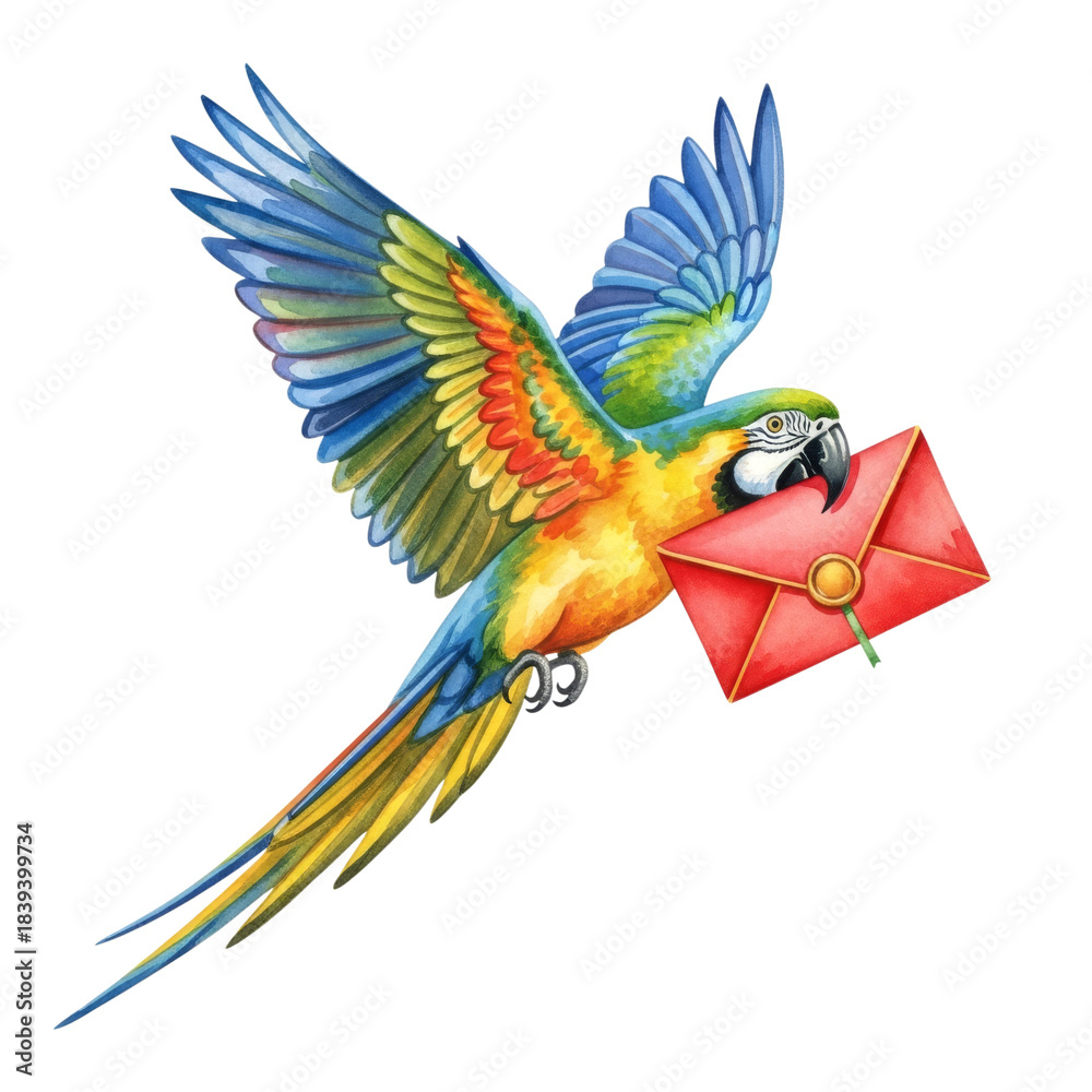 Fototapeta premium Colorful Macaw Parrot Flying with Red Envelope isolated on a transparent background bird
