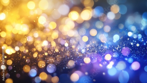 Abstract glittering background with golden and blue bokeh lights and purple particle effect; festive color gradient.