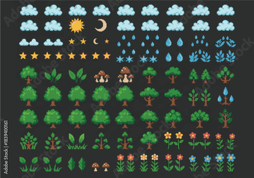Collection of pixel art assets for game development, featuring nature elements, weather icons, and decorative items