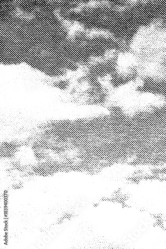 Foto Macro halftone print of a soft cloudy sky with bright gaps, diagonal black lines suggesting drifting clouds on a transparent background
