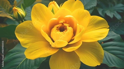 Blooming Yellow Flower Reveals Beauty Among Lush Green Leaves in a Tranquil Garden Setting
