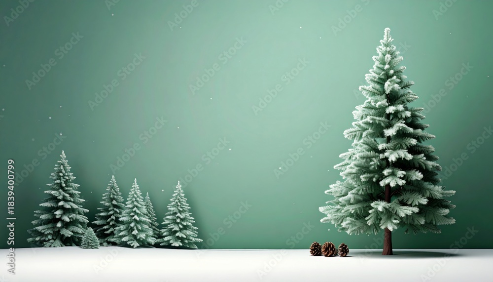 Fototapeta premium Festive Christmas Trees Covered In Snow With Small Gift Boxes At Base Green Background