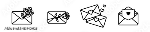 Envelope icons with heart motifs for romantic and affectionate design.