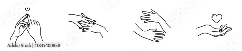 Hand gesture icons with heart shapes for romantic and emotional design themes.