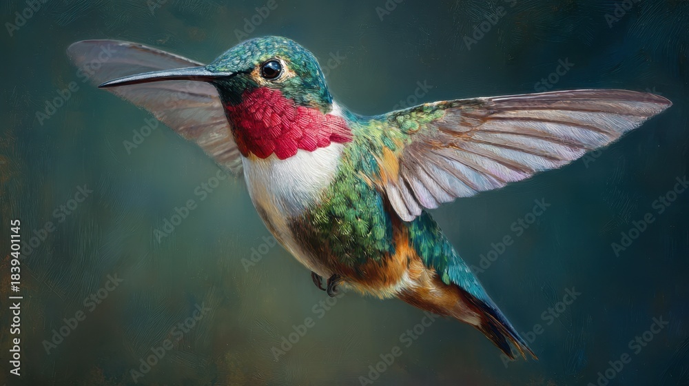 Naklejka premium Broad-Tailed Hummingbird in Flight - A Glimpse of Nature's Vibrant Wildlife