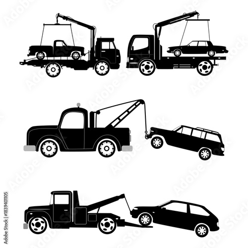 Tow Trucks and Towed Cars Silhouettes Collection