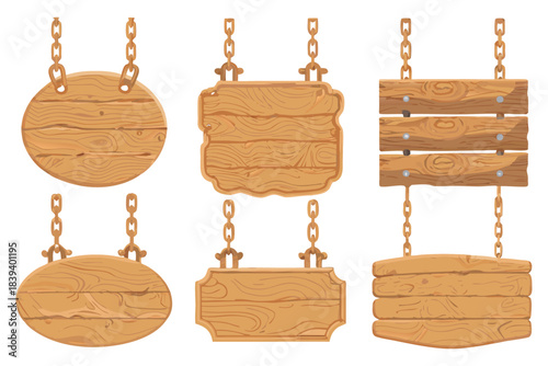 Illustrated wooden planks used as signs, with chains and hooks.