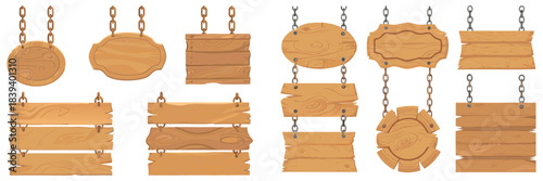 Set of handcrafted wooden signs with decorative edges, suspended using metal chains.