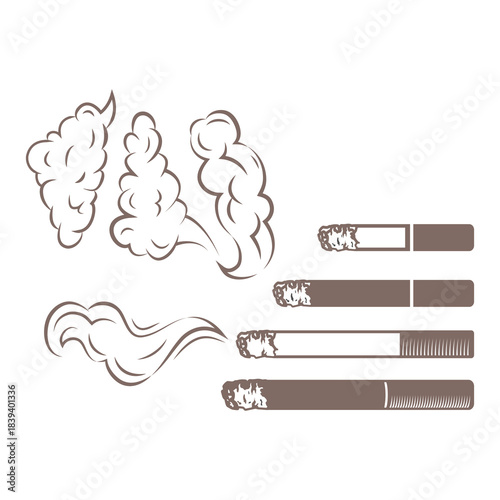 Set of Burning Cigarettes and Smoke Plumes