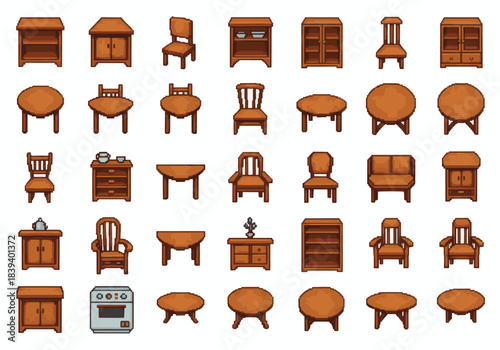 Collection of Vintage Pixelated Furniture Icons for Game Development and Design