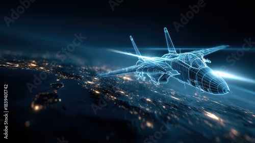 Digital wireframe fighter jet flying above illuminated global cities at night, advanced aerospace tech