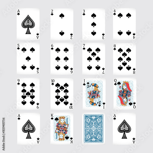 Complete Set of Spade Playing Cards with a Blue Card Back
