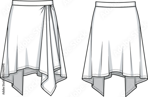 Fashion vector illustration of asymmetrical handkerchief hem skirts, draped overlay detail, garment construction, front views, technical sketch, design template
