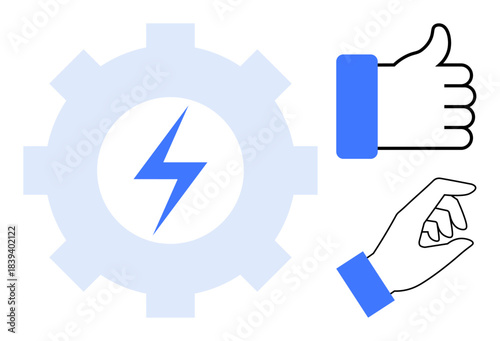 Energy efficiency concept. Symbols include a gear with a lightning bolt, thumbs-up, and hand gesture productivity and approval. Energy optimization for technology, services, and teamwork. Suitable
