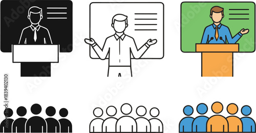 Business presentation and public speaking vector icons featuring speaker at podium, audience groups, training, meeting and conference scenes