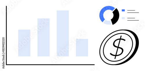 Finance, business analytics, investment, economy, financial growth, profit tracking. A bar chart, dollar sign and pie chart with data visualization. Finance and business analytics concept
