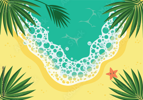 Top view of a serene tropical beach scene with gentle ocean waves lapping at the golden sand, framed by lush green palm leaves, perfect for a relaxing summer getaway illustration