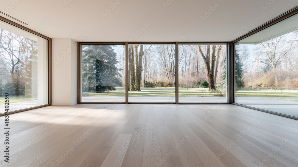 Fototapeta premium Bright interior space with large windows showing a view of trees and green area outside