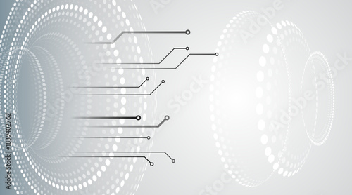 A modern tech background featuring dotted spherical patterns and sleek circuit lines, creating a dynamic, futuristic digital design in soft gray tones.