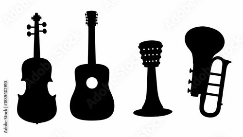 Stunning collection of four classic musical instrument silhouettes perfect for concert promotion or music app design