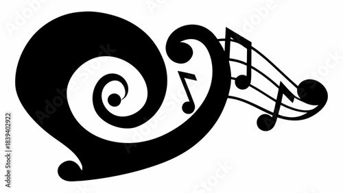 Elegant swirling treble clef design flows into dynamic musical notes creating abstract harmony concept