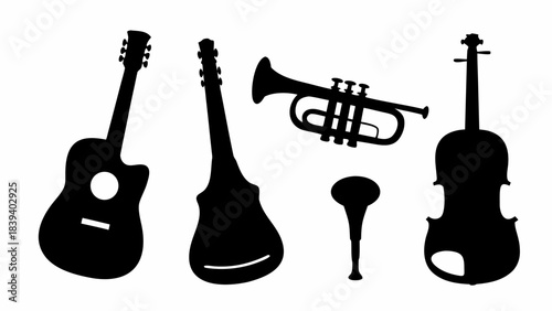 Stunning collection of black musical instrument silhouettes perfect for vibrant concert promotion or music education materials