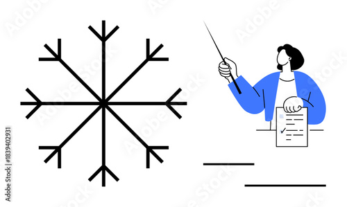 A woman points with a stick while holding papers next to a detailed snowflake diagram. Ideal for education, presentation, instruction, science, winter themes, concept explanation, and teamwork