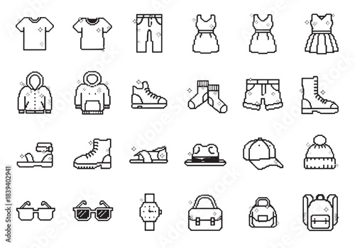 Modern outline vector icon set showcasing a variety of everyday fashion garments, shoes, and accessories for digital interfaces and creative projects