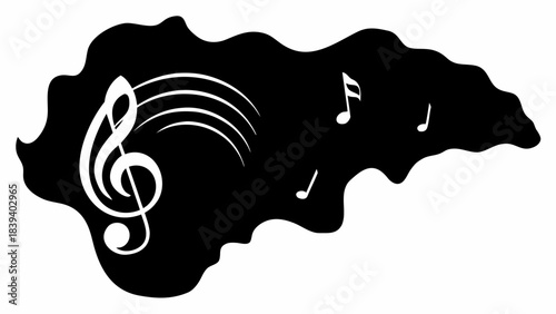 Stunning black and white abstract shape featuring elegant treble clef and floating musical notes design