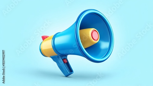 A vibrant and eye-catching 3D rendered megaphone floats against a clean, soft blue backdrop, perfect for conveying announcements.