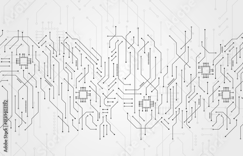 Minimal monochrome technology background with detailed circuit board lines and microchip patterns on light gray surface, modern digital network design for electronics and data themes.