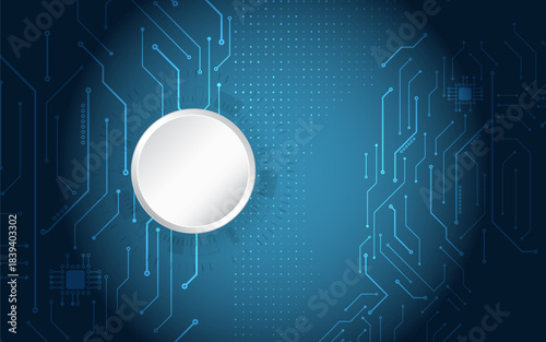Blue abstract technology background with circuit lines and a central circular interface element, representing digital innovation, data flow, futuristic systems, and modern electronics.