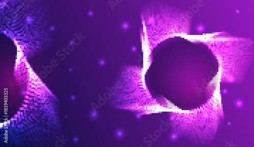A vibrant purple abstract background with glowing particles and smooth dotted waves forming a dynamic circle shape creates a futuristic and energetic digital atmosphere.