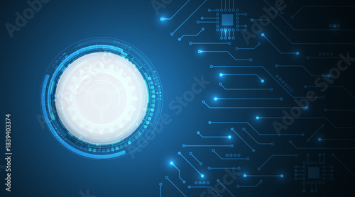 A futuristic digital interface with glowing blue circuits and a central circular tech element, representing innovation, data flow, and advanced technology.