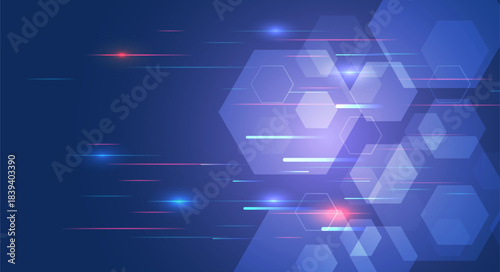 A futuristic abstract background with glowing hexagons and colorful motion streaks on a deep blue backdrop, symbolizing speed, technology, and digital innovation.