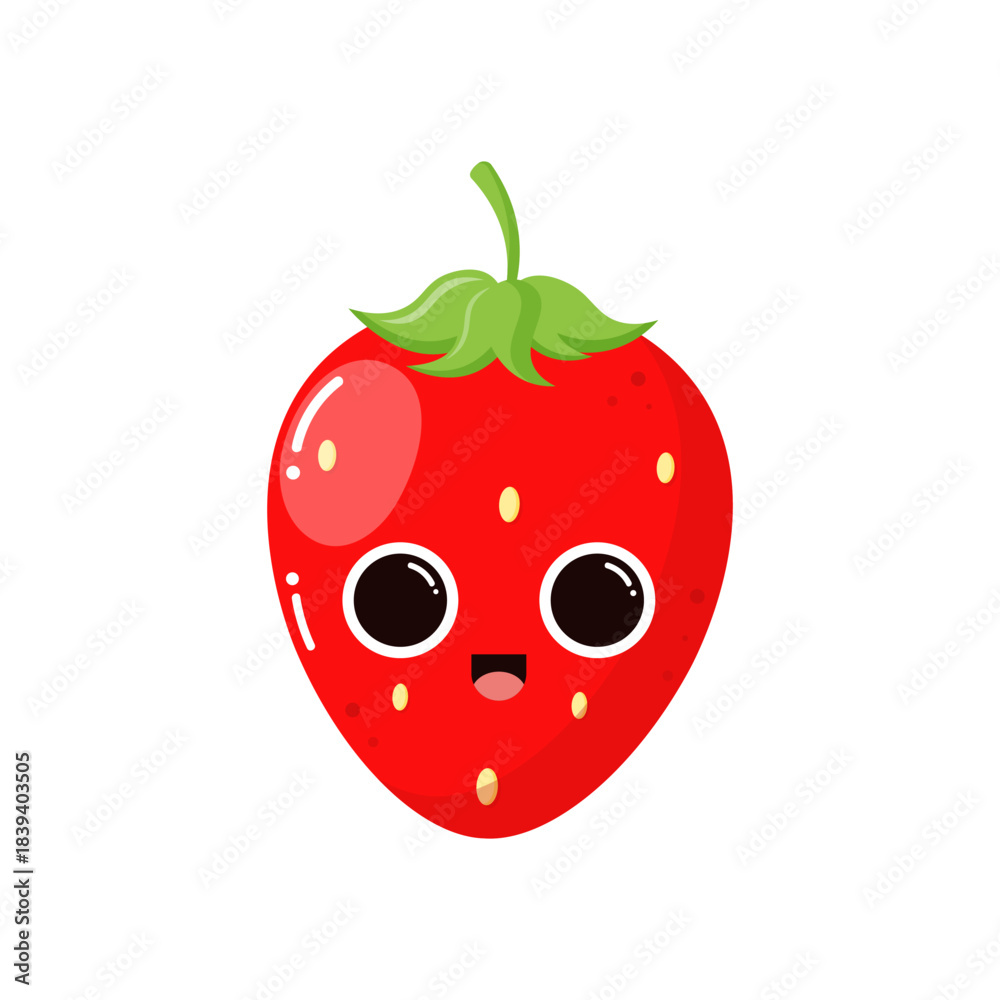 Obraz premium Cute strawberry isolated on white background. Garden fruit. Groovy style. Childish characters.Design elements for kids materials,books, healthy food, posters, and farm posters. Vector illustration.